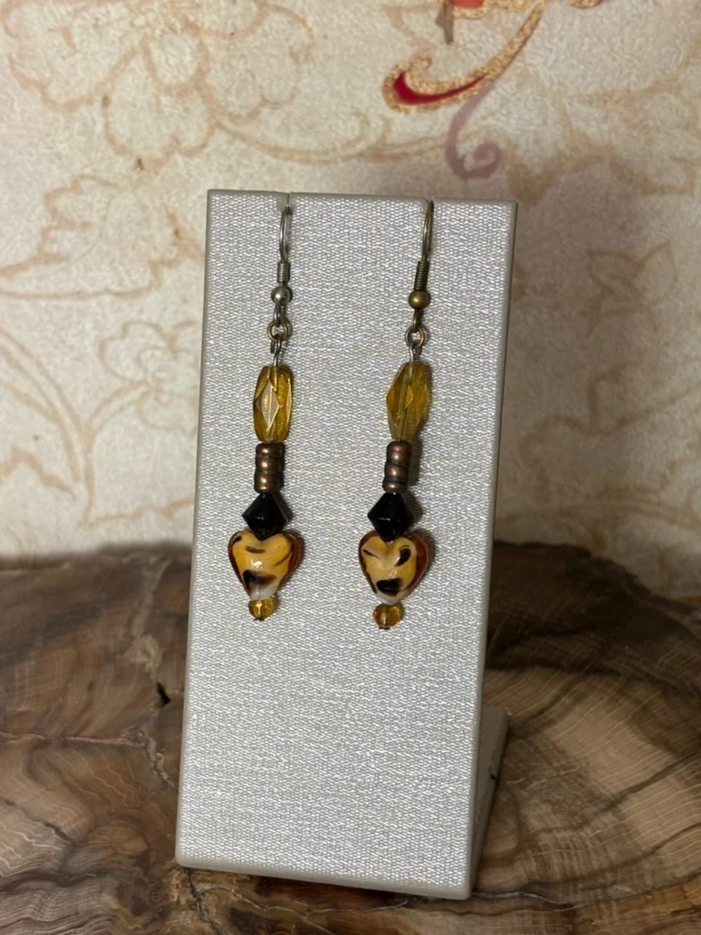 Heart-Shaped Beaded Amber and Black Handmade Earrings